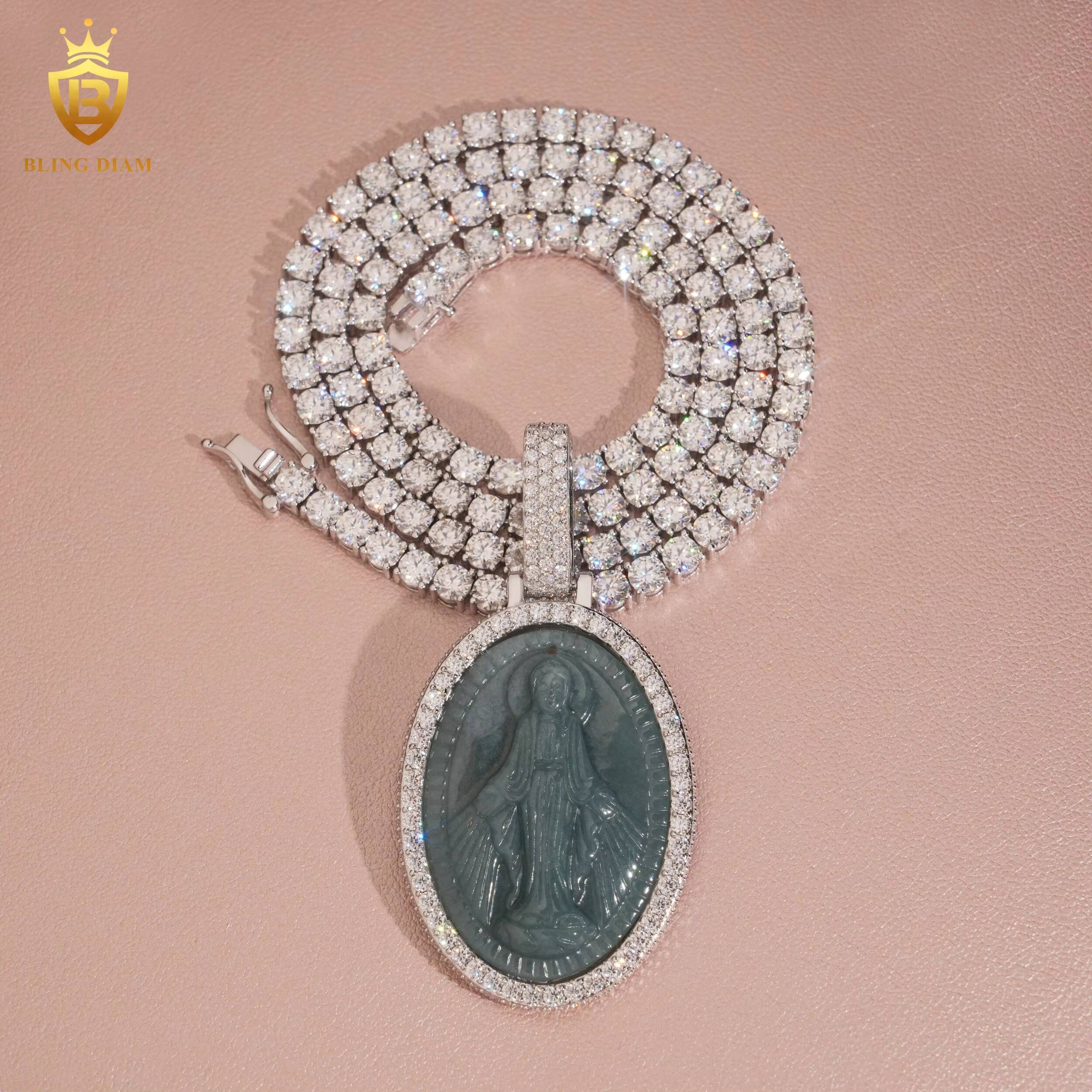 New Arrival Hip Hop Jewelry Iced Out Green Jade Holy Mother Pendants Moissanite 925 Sterling Silver for Men and Chain Set