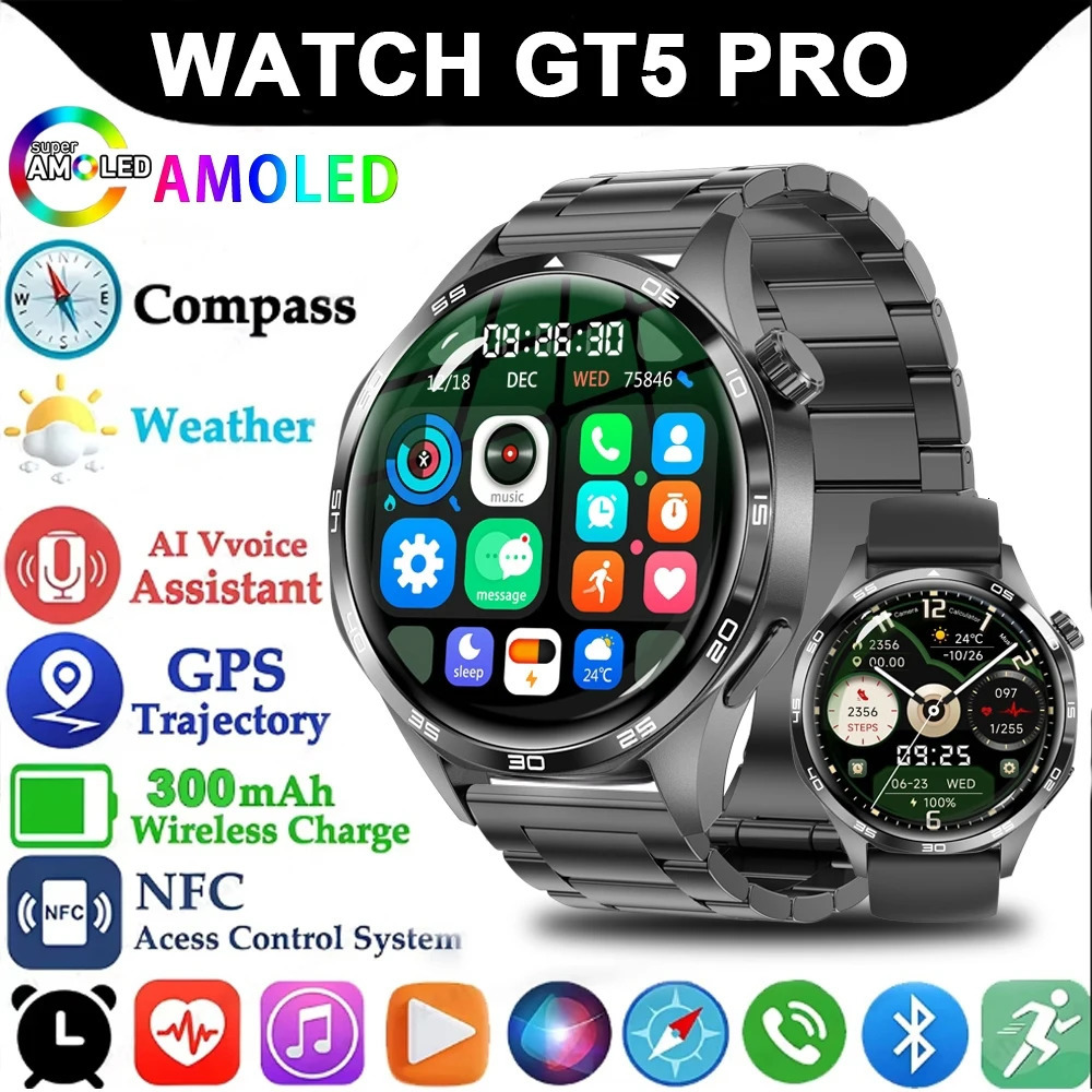 2025 GT5 Pro GPS Track Smart Watch Men 360360 AMOLED Screen NFC BT Call Waterproof Health Monitor Man Smartwatches IOS 251211