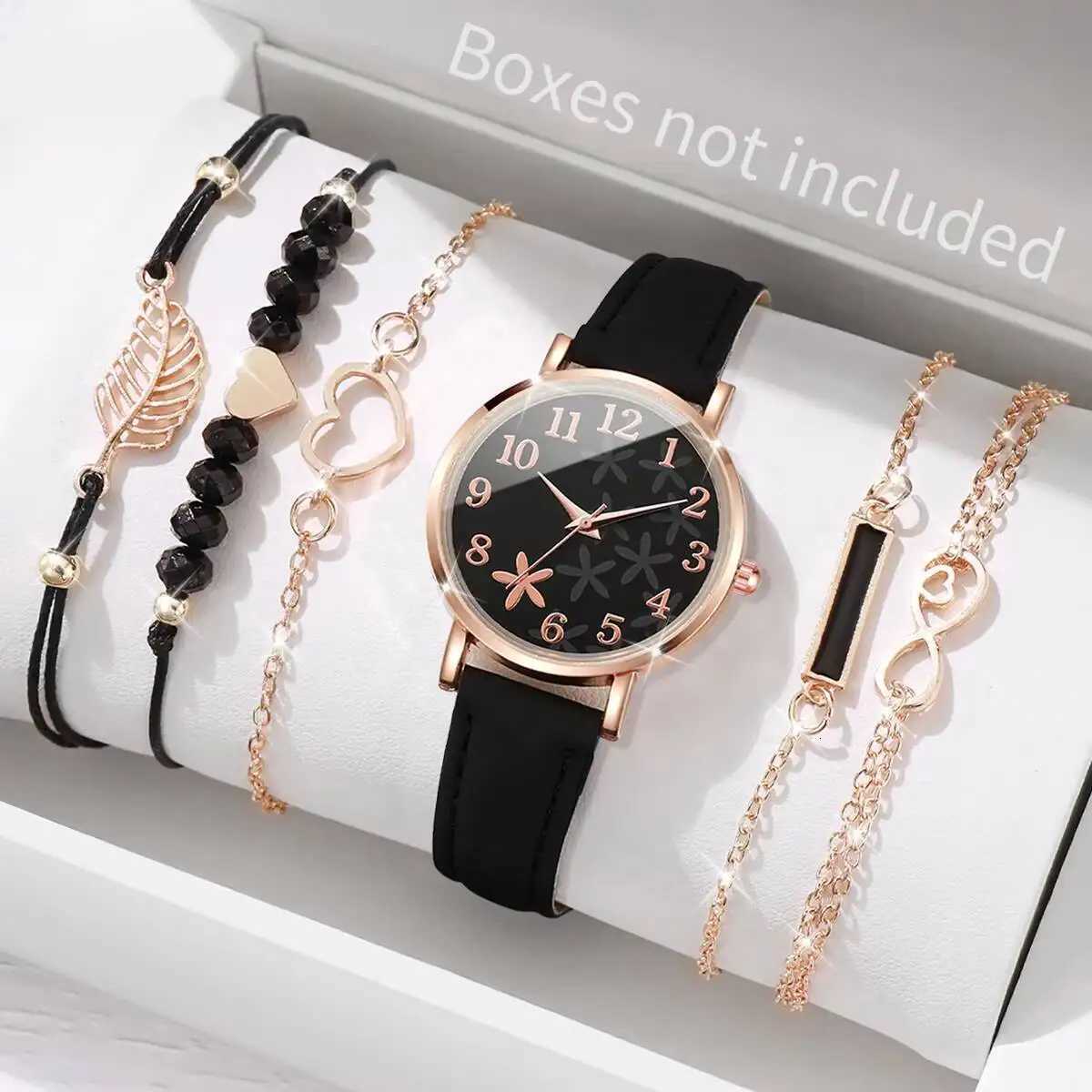 6PCS/Set Fashion Flower Dial Womens Watch Casual Leather Strap Quartz Watches Leaf Bracelets SetWithout Box Y251212