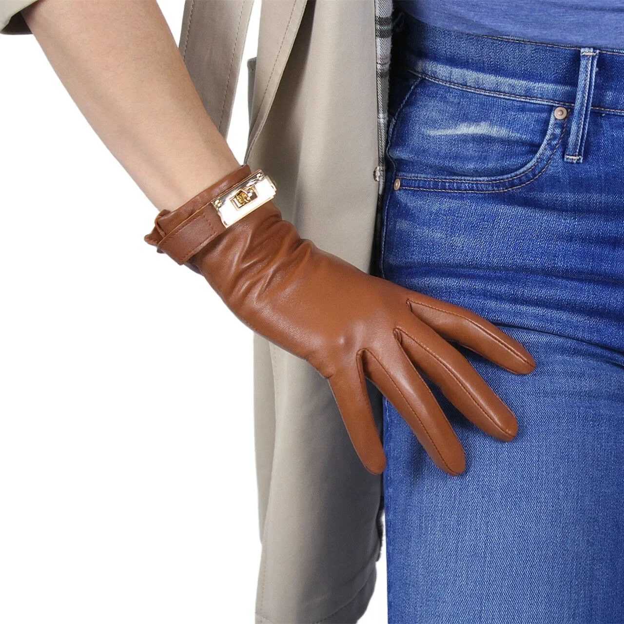 DooWay Womens Leather Short Gloves Brown Genuine Lambskin Sheepskin Golden Button Lock Closure Fashion Costume Winter Glove Y251211