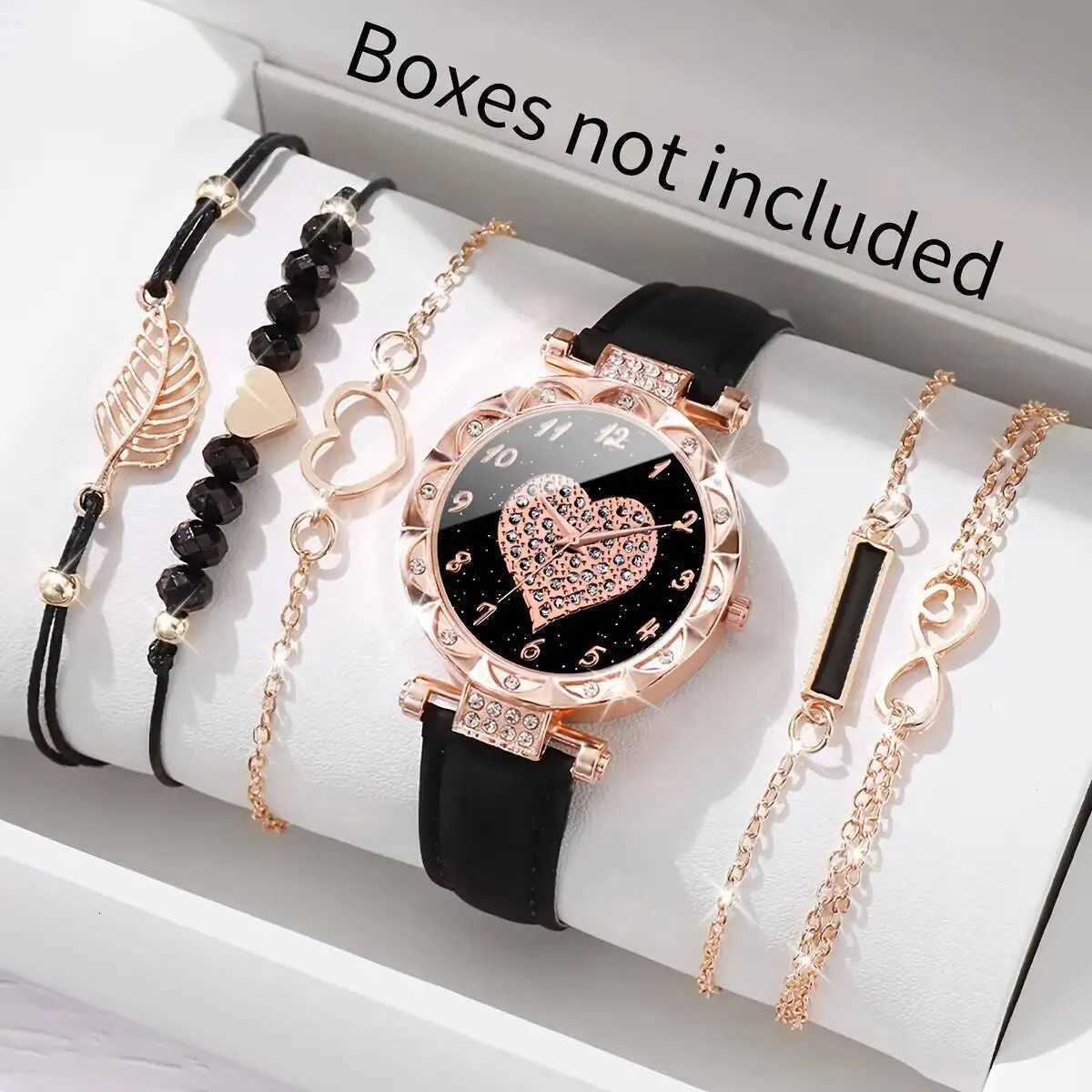 6PCS/Set Fashion Rhinestone Women Watches Leather Str apQuartz Wristwatch Heart Leaf Bracelets SetWithout Box Y251212