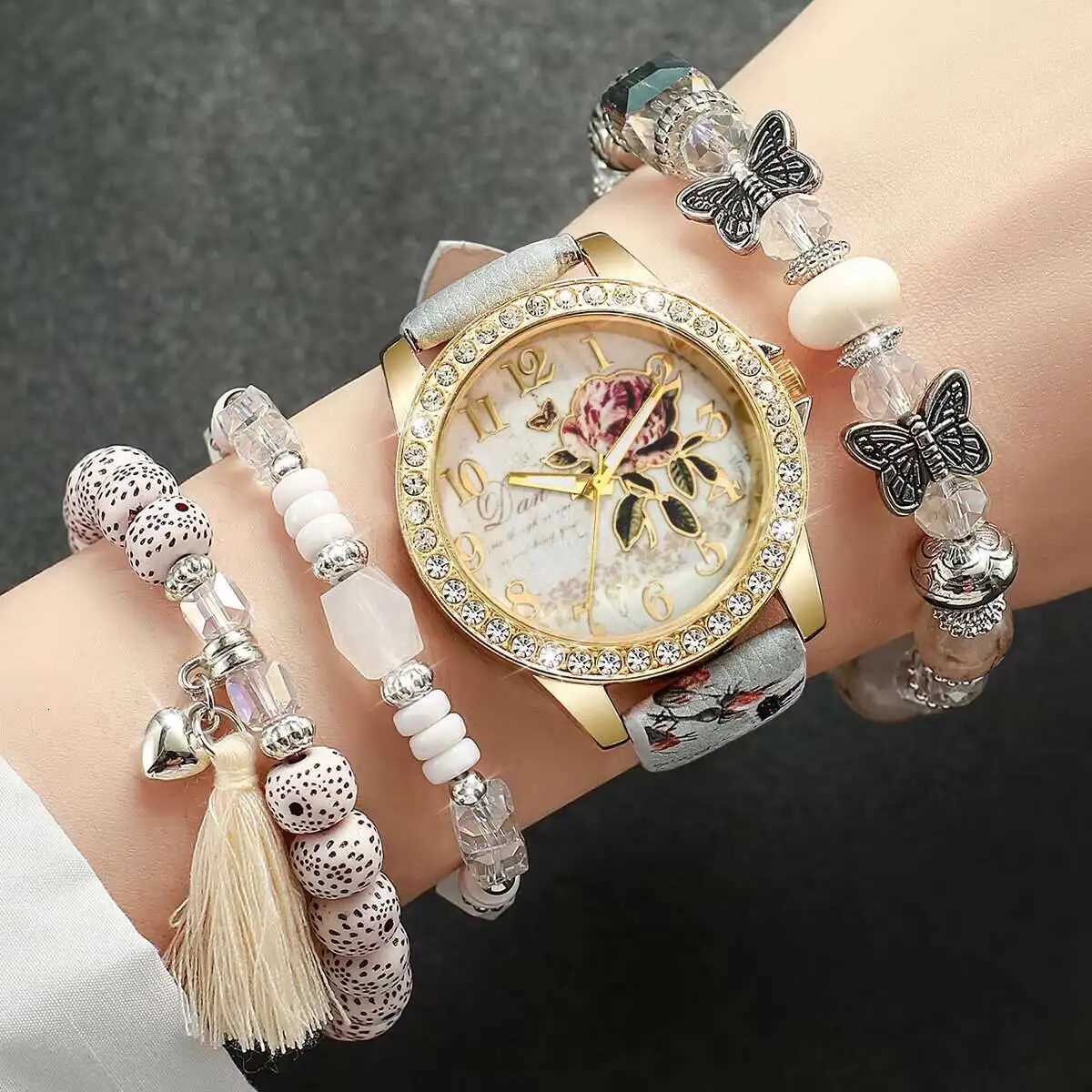 4/5PCS Fashion Flowers Prinetd Women Watches Bracelets Set Casual Leather Strap Quartz Wristwatch Reloj MujerWithout Box Y251212
