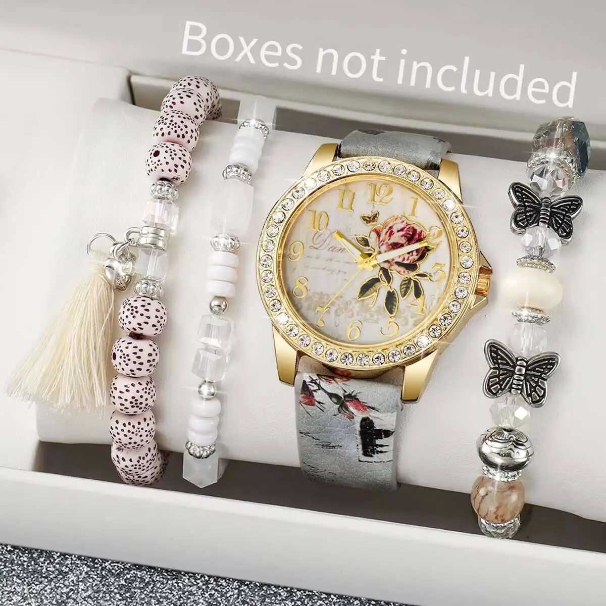 4/5PCS Fashion Flowers Prinetd Women Watches Bracelets Set Casual Leather Strap Quartz Wristwatch Reloj MujerWithout Box Y251212