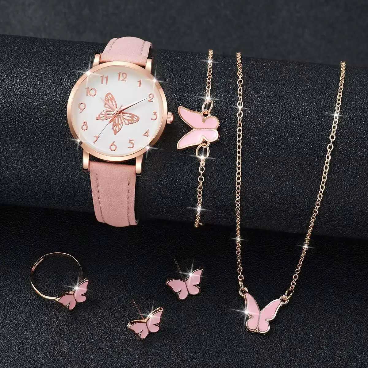 6PCS/Set Fashion Butterfly Dial Women Quartz Watch Simple Leather Strap Wrist Watches Jewelry Set Reloj MujerWithout Box Y251212
