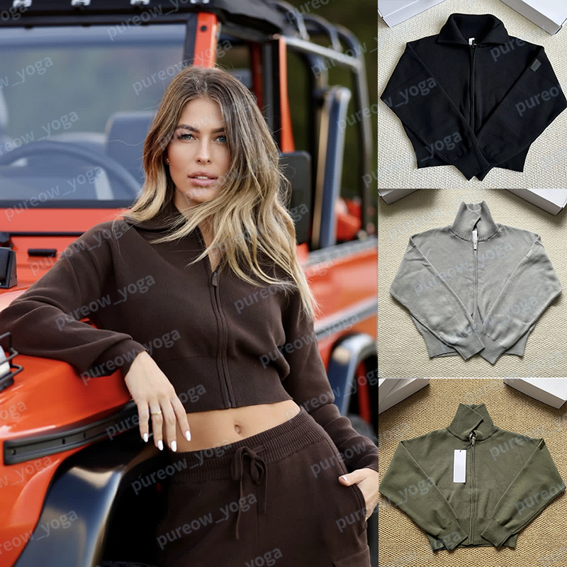 Yoga Knit Full Zip Jackets Casual Hoodie Zipper Knitted Lapel Jacket Open Front Cardigan Cropped Hoodie Solid Color Versatile Knit Long Sleeve Sweater Women Coats