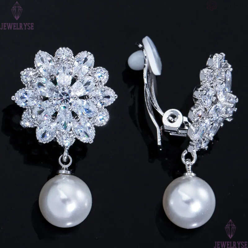 Luxury Clip on Screw Back Flower Earring Designer for Woman AAA Cubic Zirconia Diamond Silver Bridal Wedding Dangle Earrings Jewelry Elegant Female Ac