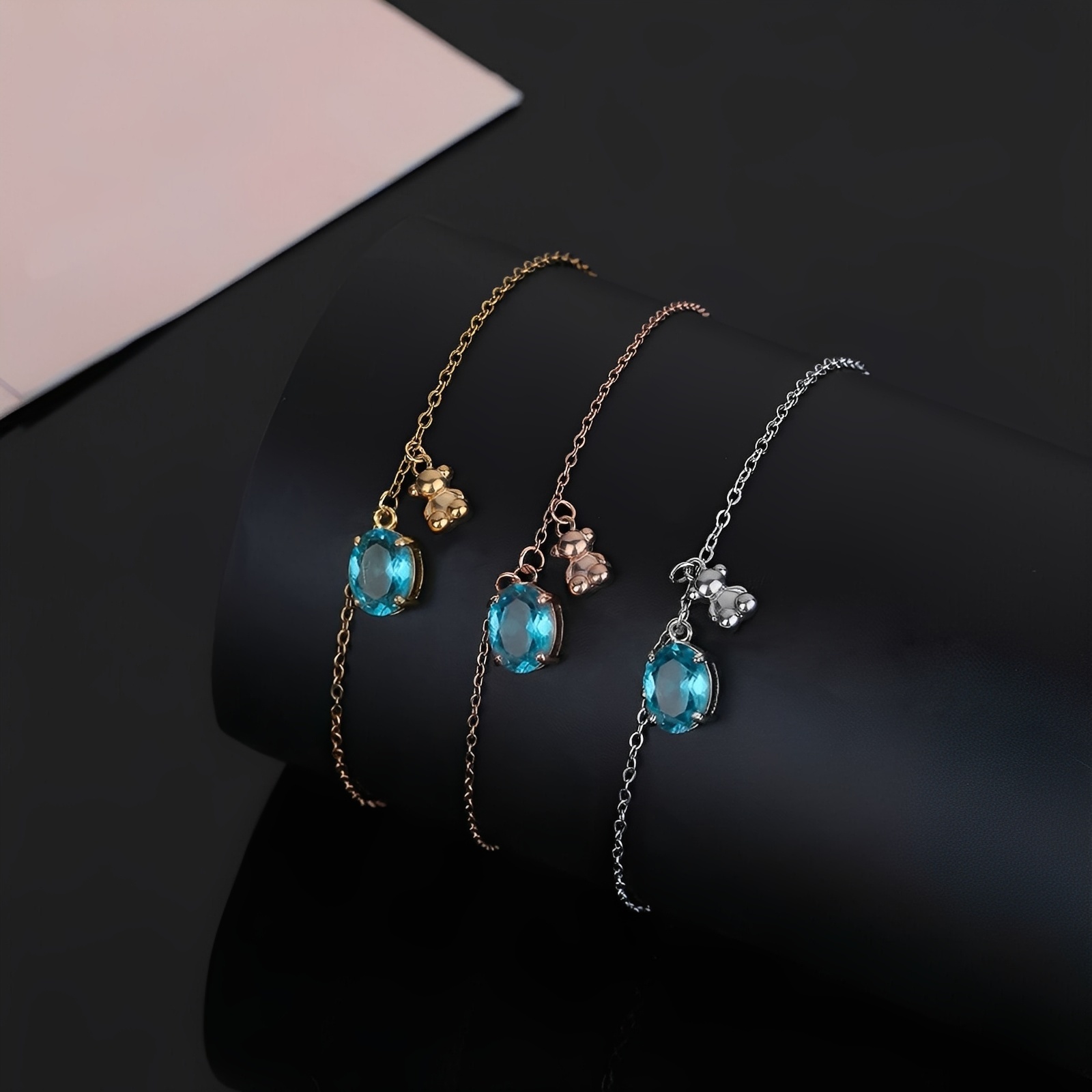 Fashion Women Silver Rose Gold Stainless Steel Span Bear Cartoon Animal Green Blue Glass Heart Star Chain Bracelets Jewelry Pulsera A Gift