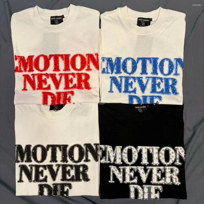 Men's T Shirts MIXED EMOTION 25ss Shirt Vintage Diamond EMOTIONS NEVER DIE Black Logo Top Tees Rhinestone High Street Short Sleeved T-shirts
