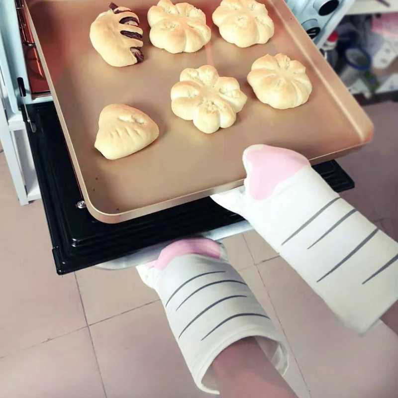 Norbi 1pc 3D Cartoon Cat Paws Oven Long Mitts Cotton Microwave Heat Resistant Baking Insation Gloves Non-slip Gloves H251212