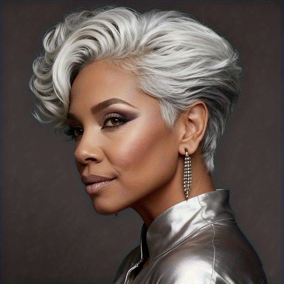 Brazilian Human Hair Wig Women - Short Pixie Cut, 6.0Inch, 150% Density, Straight Hair, Grey Color, Natural Look, Ideal Daily Wea, Light Colored You C