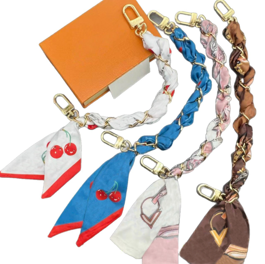 Portable Silk Scarf Chain Designer Key Chain Womans Bag Charm Purse Charm Silk Cherry Charm Keychains Luxury Bag Chain Accessories Gift