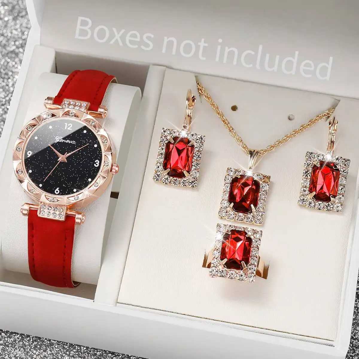 5PCS/Set Fashion Rhinestone Womens Watch Leather Strap Ladies Quartz Wristwatches Diamond Jewelry Set Reloj MujerWithout Box Y251212