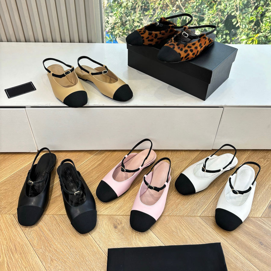 Top quality new Simple fashion real leather Square-toes slingback Flat sandals Dress shoes for womens Luxury designer shoes Office Vacation Walking shoes