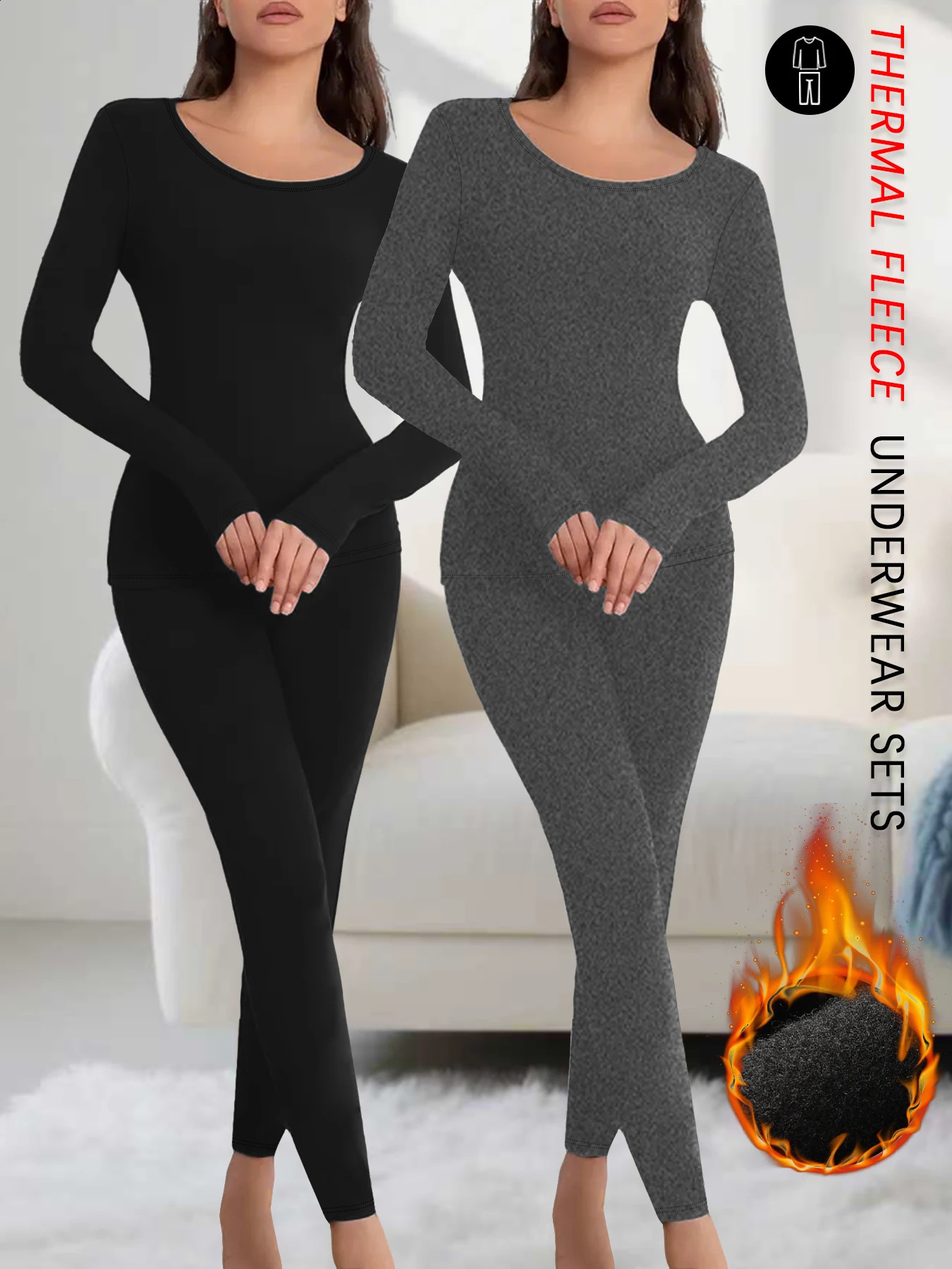 2 Pack Thermal Winter Underwear Sets for Women Super Soft Fleece Lined Top and Bottom Loungewear Pajama Cold Weather 251203