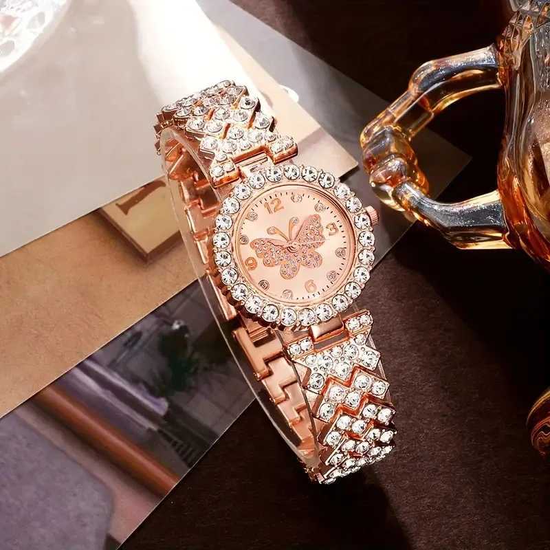 5PCS Fashion Rhinestone Butterfly Dial Women Quartz Watch Elegant Ladies Bracelet Wristwatch Jewelry Set Reloj MujerWithout Box Y251212