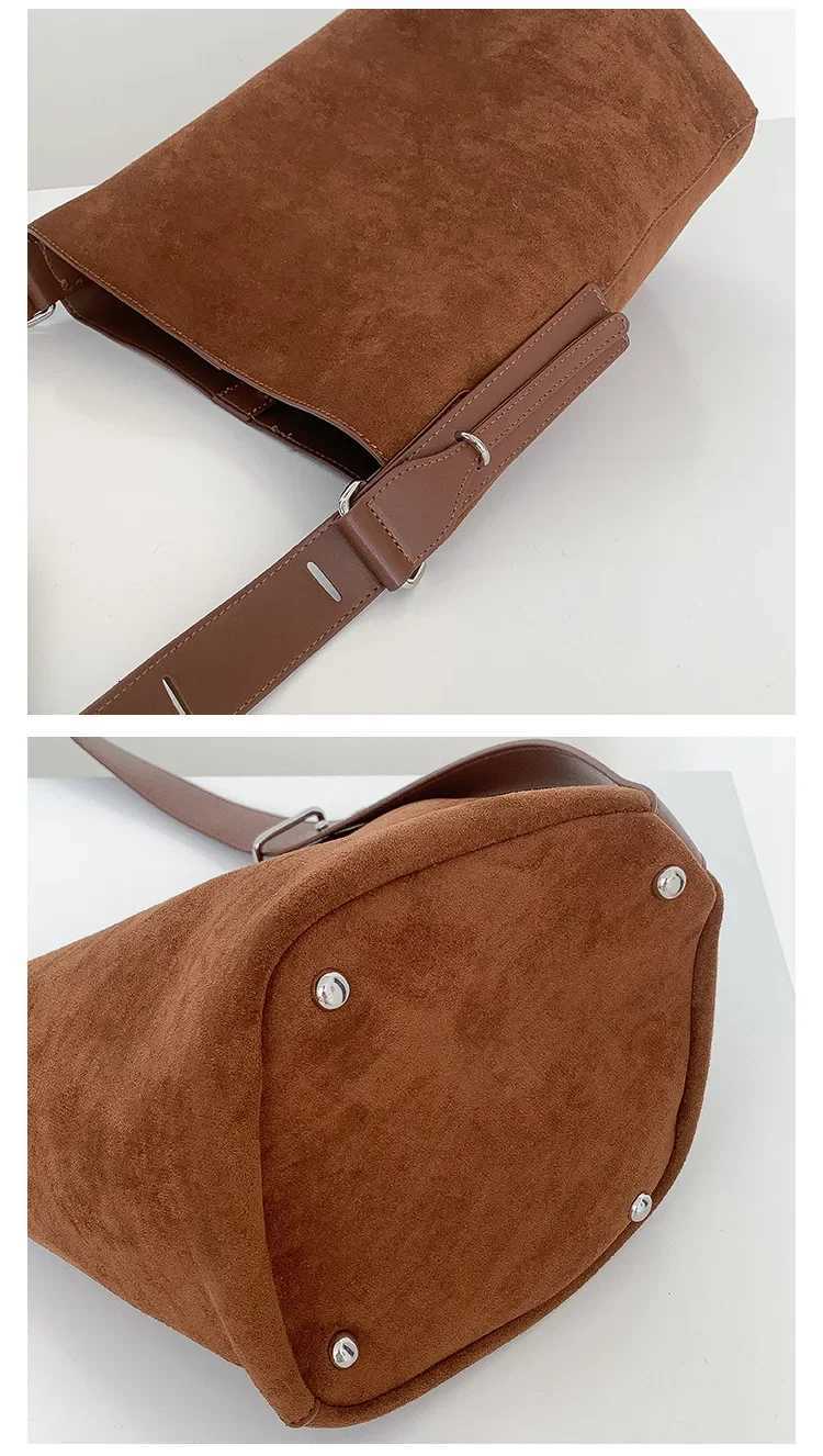 Fi Wide Strap Crossbody bags for wen handbag big capacity Luxury Designer Faux suede fem Bucket Shoder Bag brown Y251211