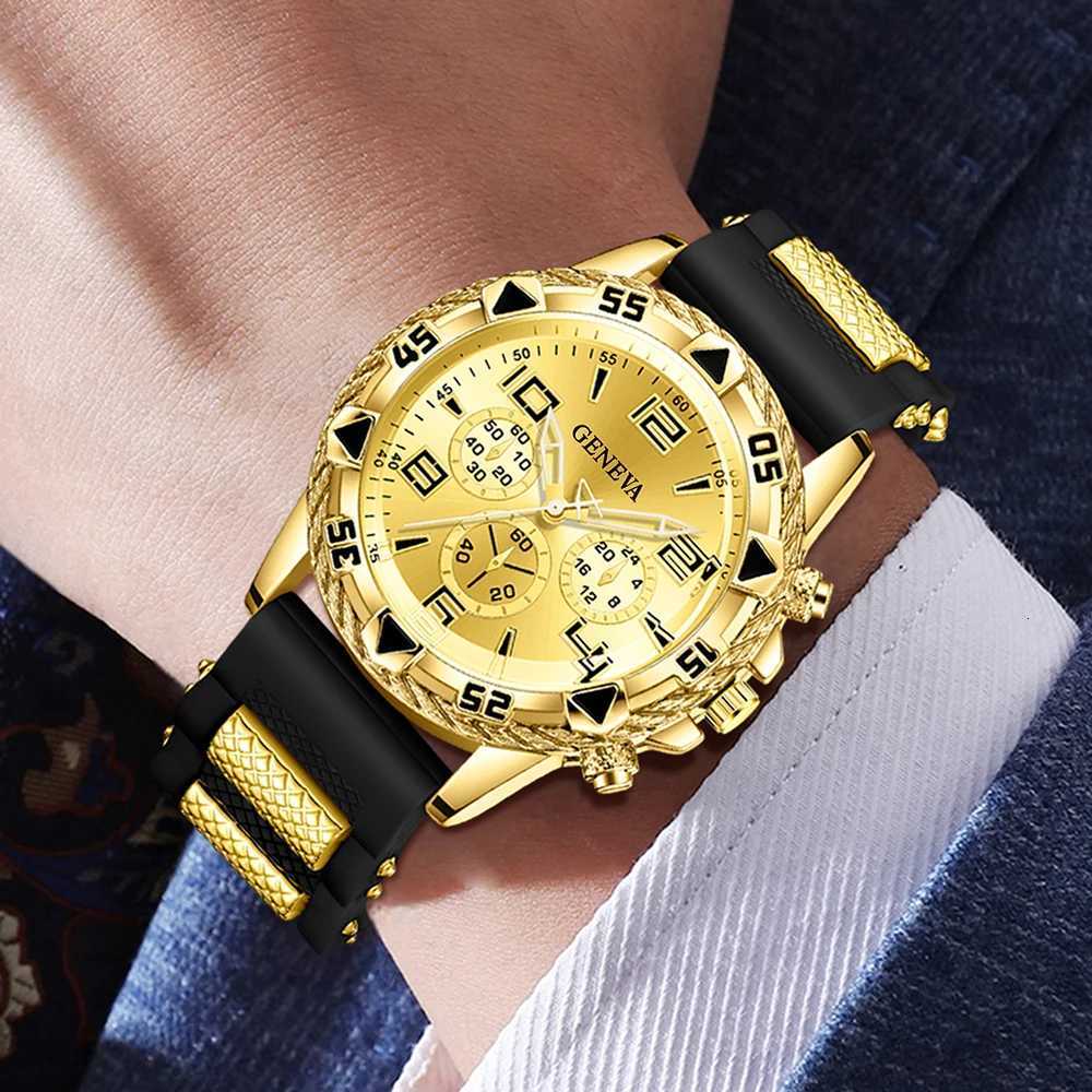 4PC Golden Mens Watch Set Fashionable and Versatile Quartz Watch Bracelet Necklace Ring Set Perfect Gift for Friends or Dad Y251212