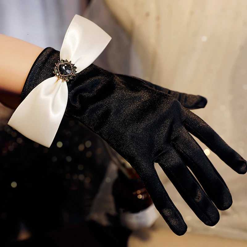 Korean Solid Color Satin Black Bow Rhinestones Studio Photo Wedding Dress Gloves Women Summer Driving Sunscreen Gloves S95 Y251211