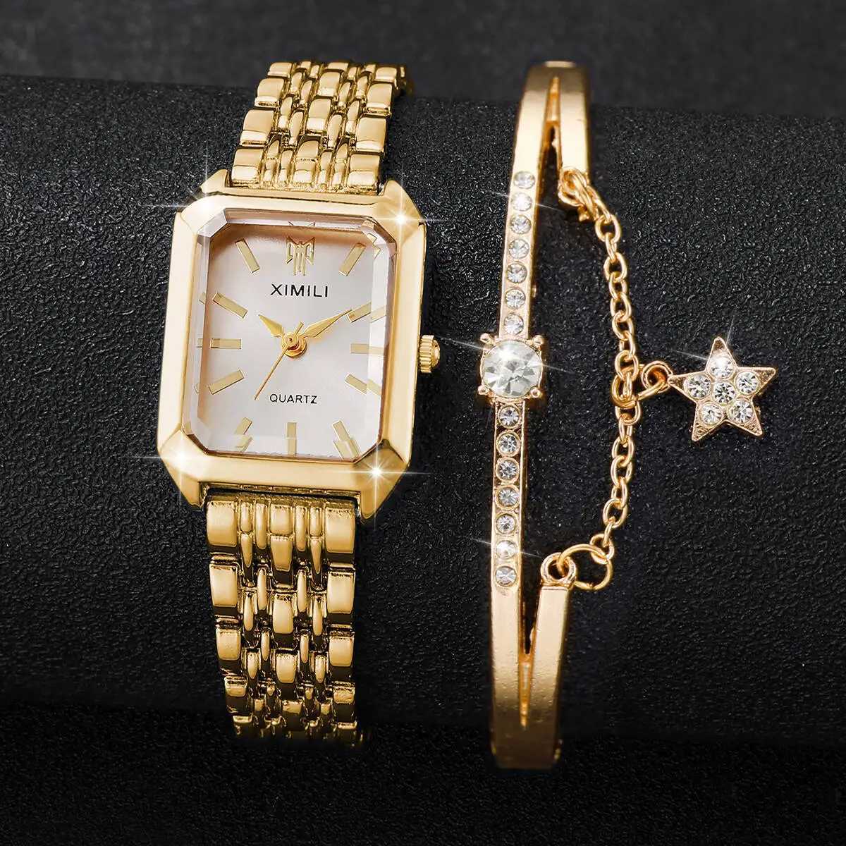 2PCS/Set Fashion Rectangle Women Watches Stainless Steel Band Quartz Watch Bracelet Set Reloj MujerWithout Box Y251212