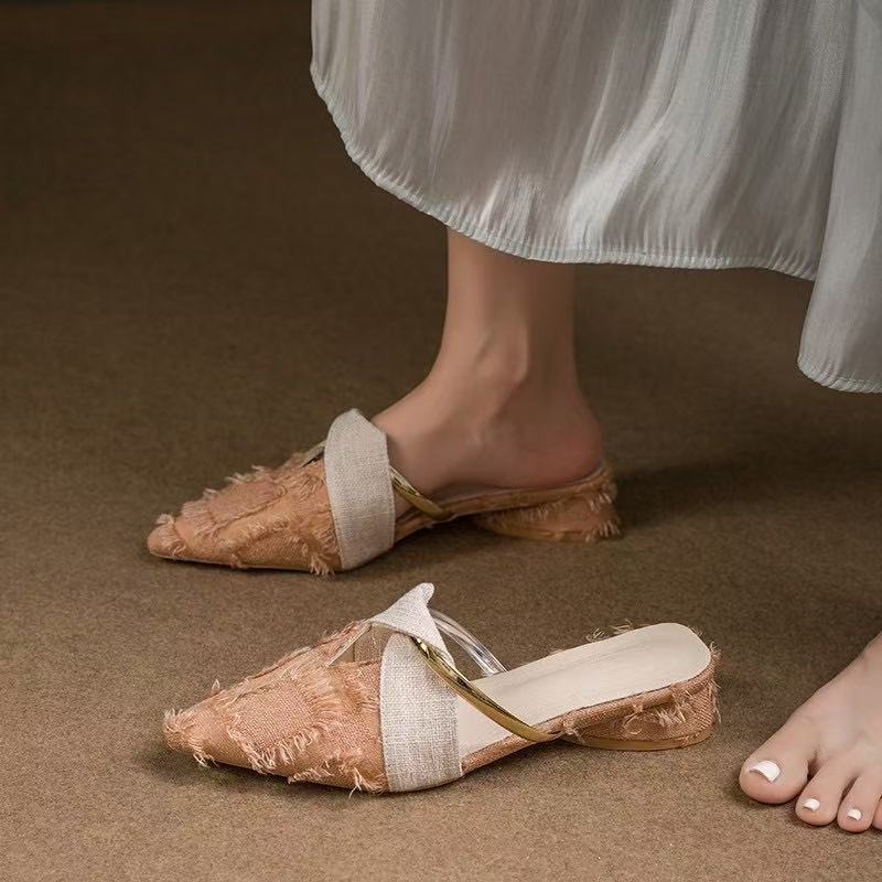 Slippers 2024 Women Mules Elegant Sandals Pumps Summer Female Shoes Low Heels New In Fashion Ladies Sandal Pointed Toe Slides shoes