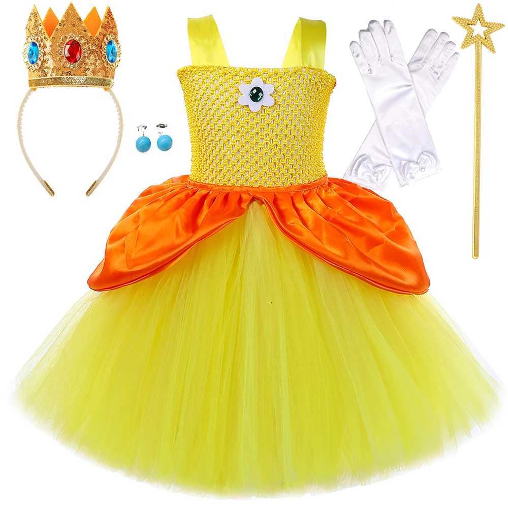 Yellow Princess Daisy Ballet Tutu Dress for Girls Birthday Party Outfit Kids Christmas Halloween Costumes with Crown Wand Gloves X251212