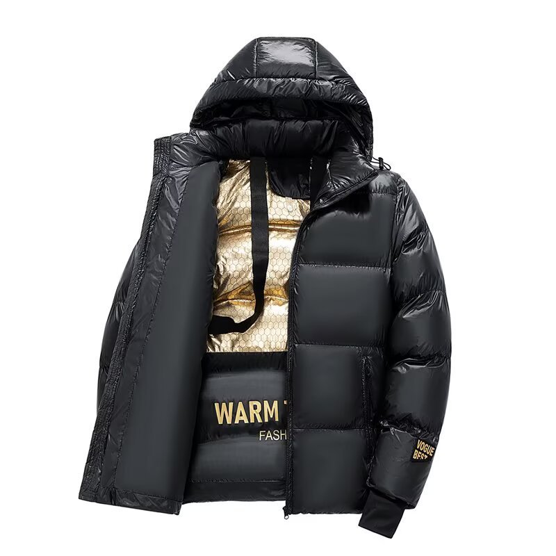 Wash-Free Black Gold Graphene Ultra-Thick Down Jacket: Unisex Winter Short Padded Coat, Shiny Surface Heat-Retaining Warm Outerwear