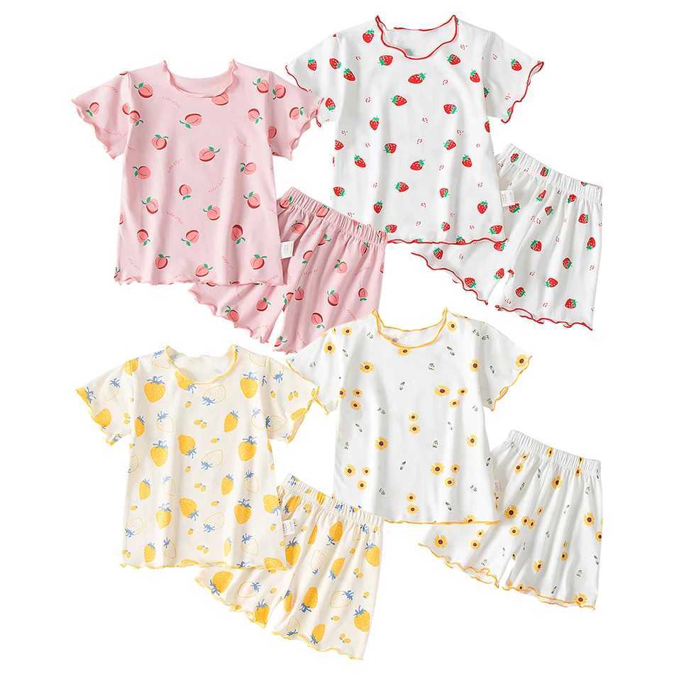 Girls Summer Pajama Sets Stylish Cartoon Pattern Printing Short Sleeve Top and Pants Made from Luxurious Cozy Ice Silk Material H260403