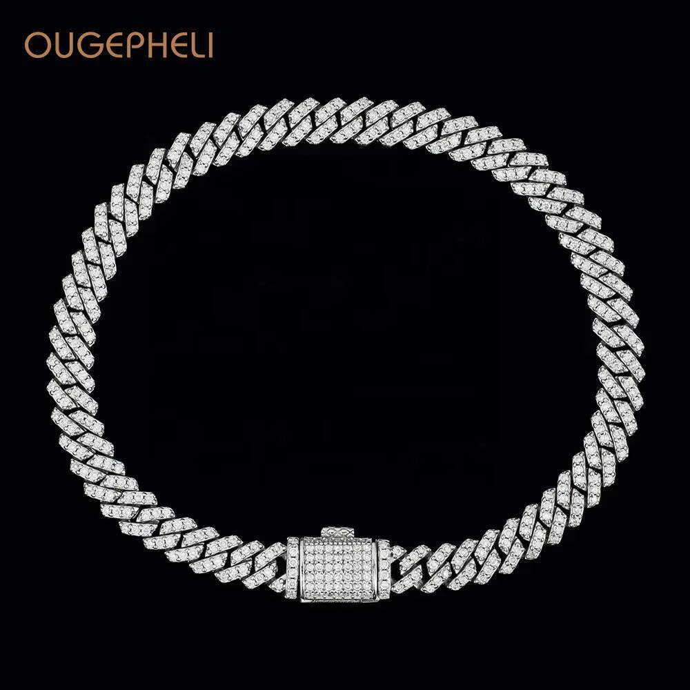 OUGEPHELI Moissanite Cuban Chain Miami Link Bracelet 6mm 1Row S925 Sterling Silver GRA VVS D Color Gold Plated Cadena Cubana