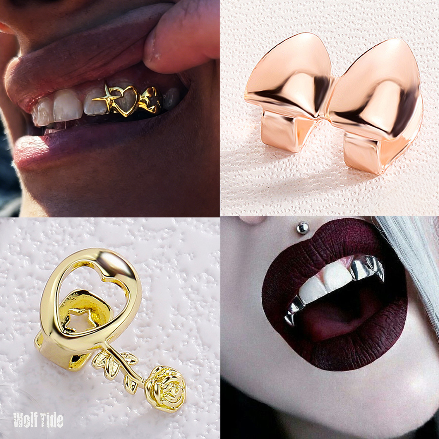 18K Real Gold Double Teeth Grillz Braces Plain Punk Hip Hop Dental Mouth Fang Grills Tooth Cap Cosplay Halloween Costume False Vampire Rapper Jewelry 