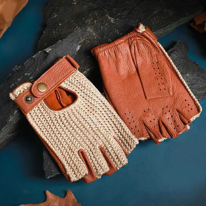 Mens Retro Motorcycle Fingerless Leather Gloves for Driving and Riding Knitted Breathable Half-Finger Gloves Y251211