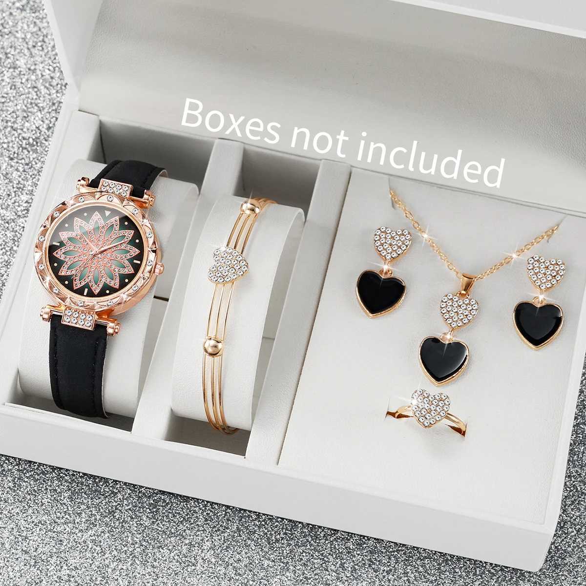 6PCS/Set Women Flower Rhinestone Dial Wristwatch Ladies Fashion Leather Strap Watch With Heart Diamond Jewelry SetWithout Box Y251212