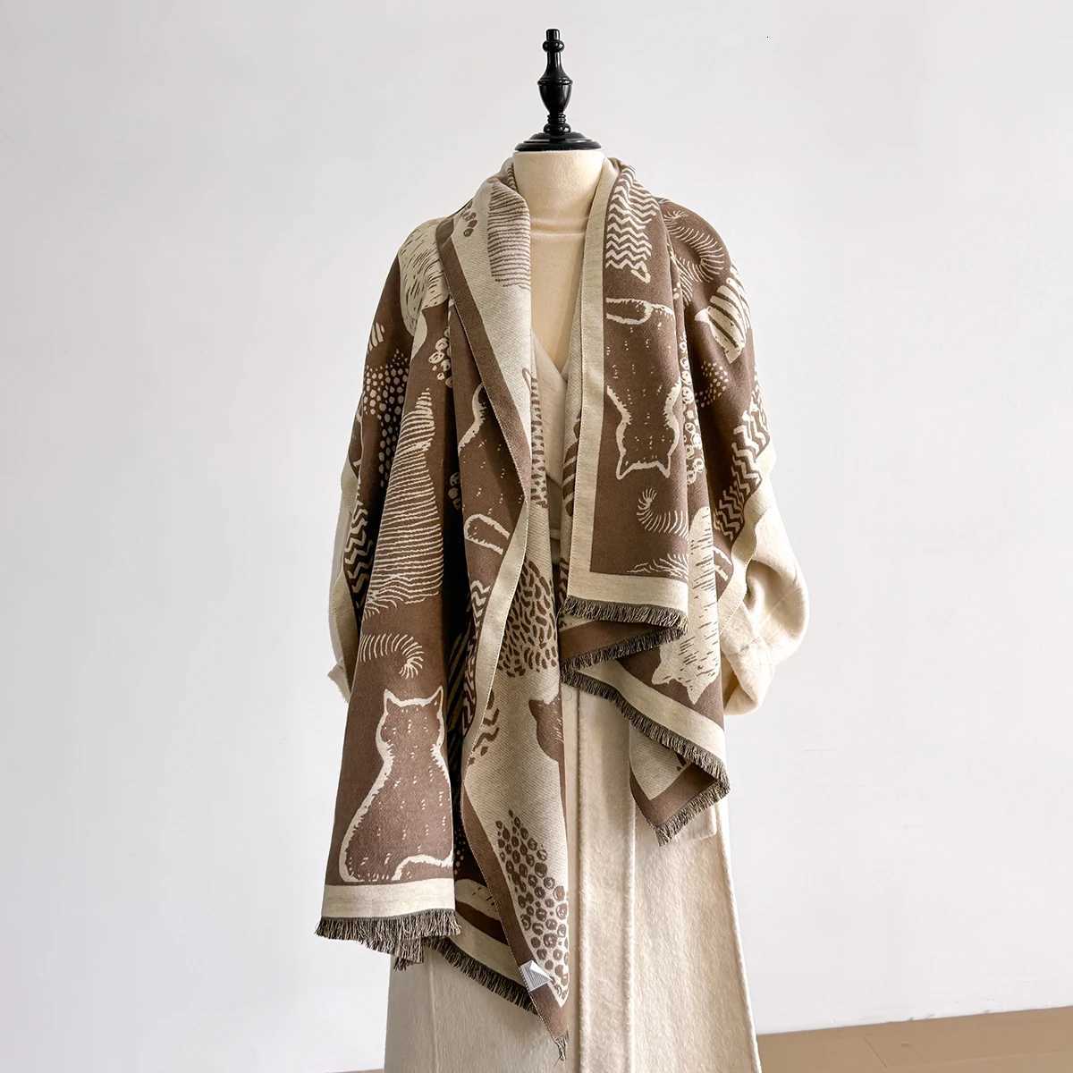 2025 Luxury Fashion Womens Cat Pattern Shawl Faux Cashmere Warm Autumn Winter Scarf for Mujer Femme Stylish Accessory Bufand Y251211