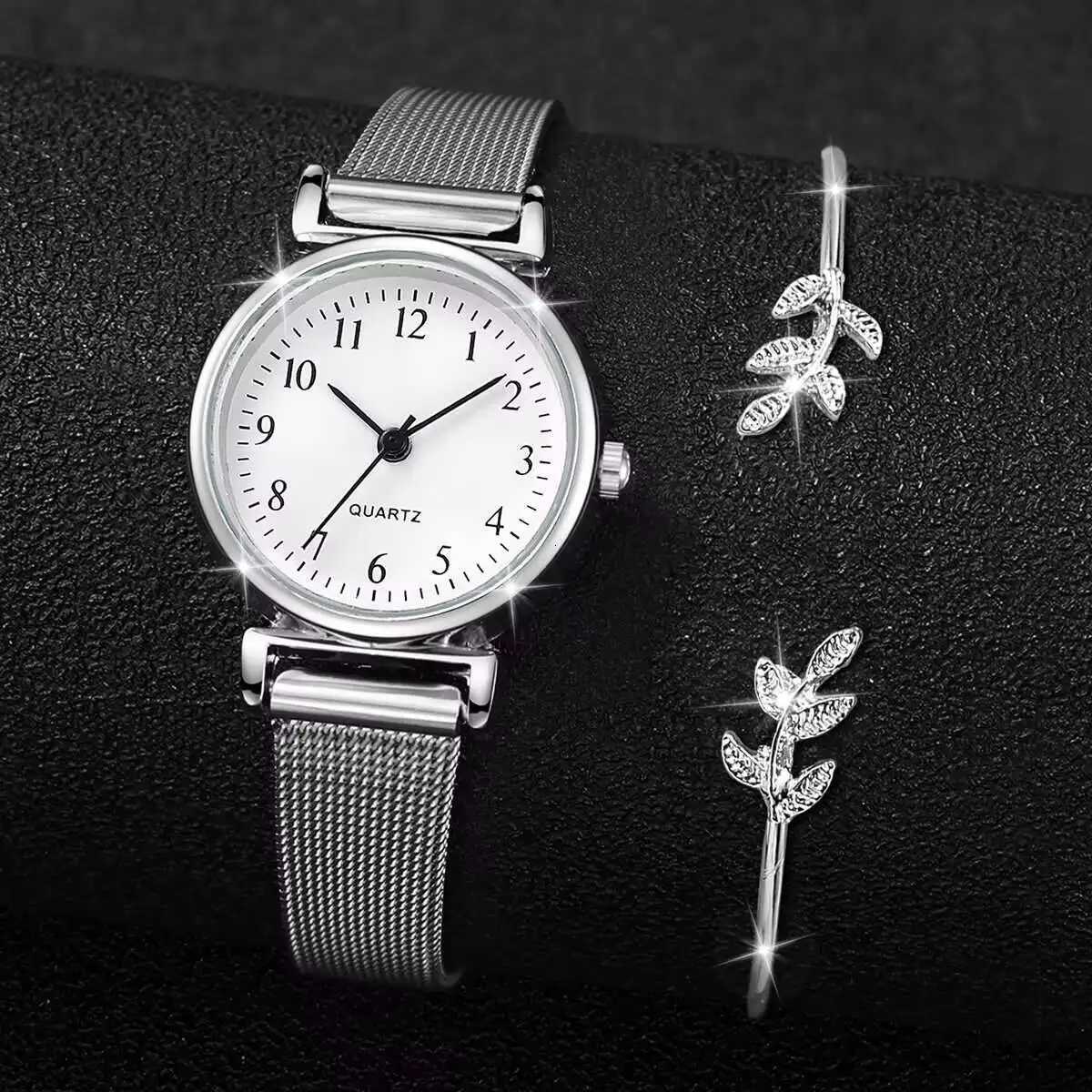 2PCS/Set Fashion Women Watches Casual Mesh Band Quartz Watch Opening Cuff Bracelet Bangle SetWithout Box Y251212