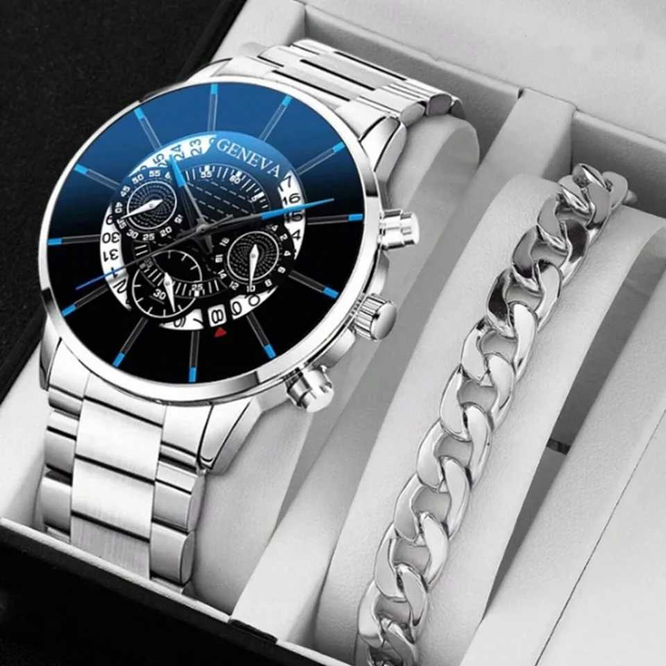 2pcs Luxury Black Quartz Watch Bracelet For Men Business Fashion Round Calendar Watch Set Without BoxRelogio Masculino Y251212