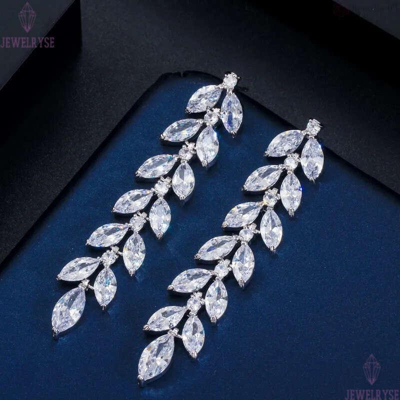 long dangle designer earring for woman AAA cubic zirconia leaf copper luxury 62mm white CZ 18k gold silver earrings party friend bride wedding womens 