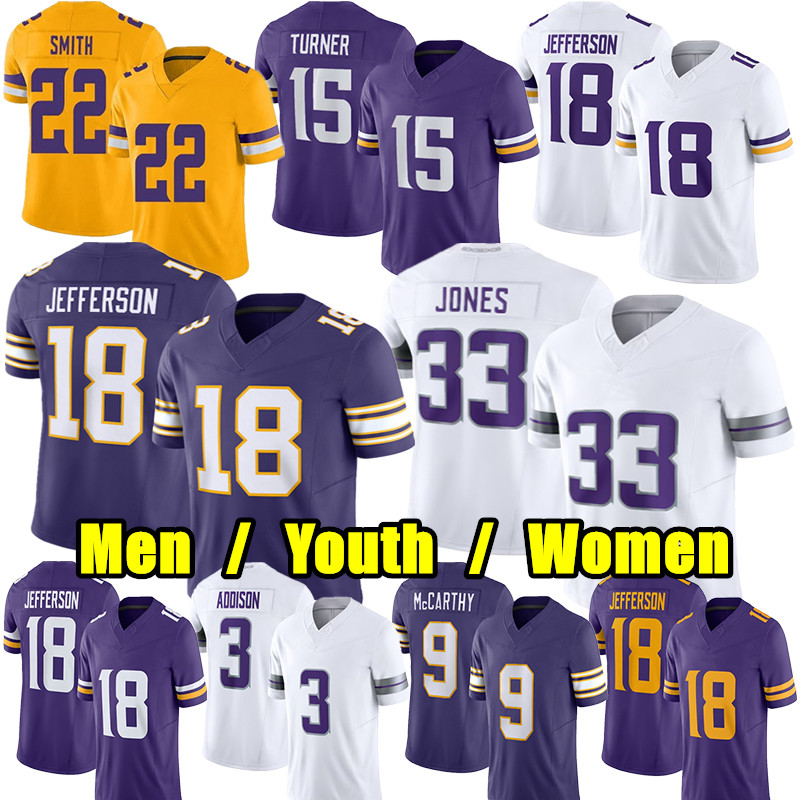#18 Justin Jefferson Football Jersey #9 JJ McCarthy Addison Aaron Jones Ivan Pace Jr Brett Favre Randy Moss Harrison Smith Turner Adam Thielen Donovan Jackson jerseys