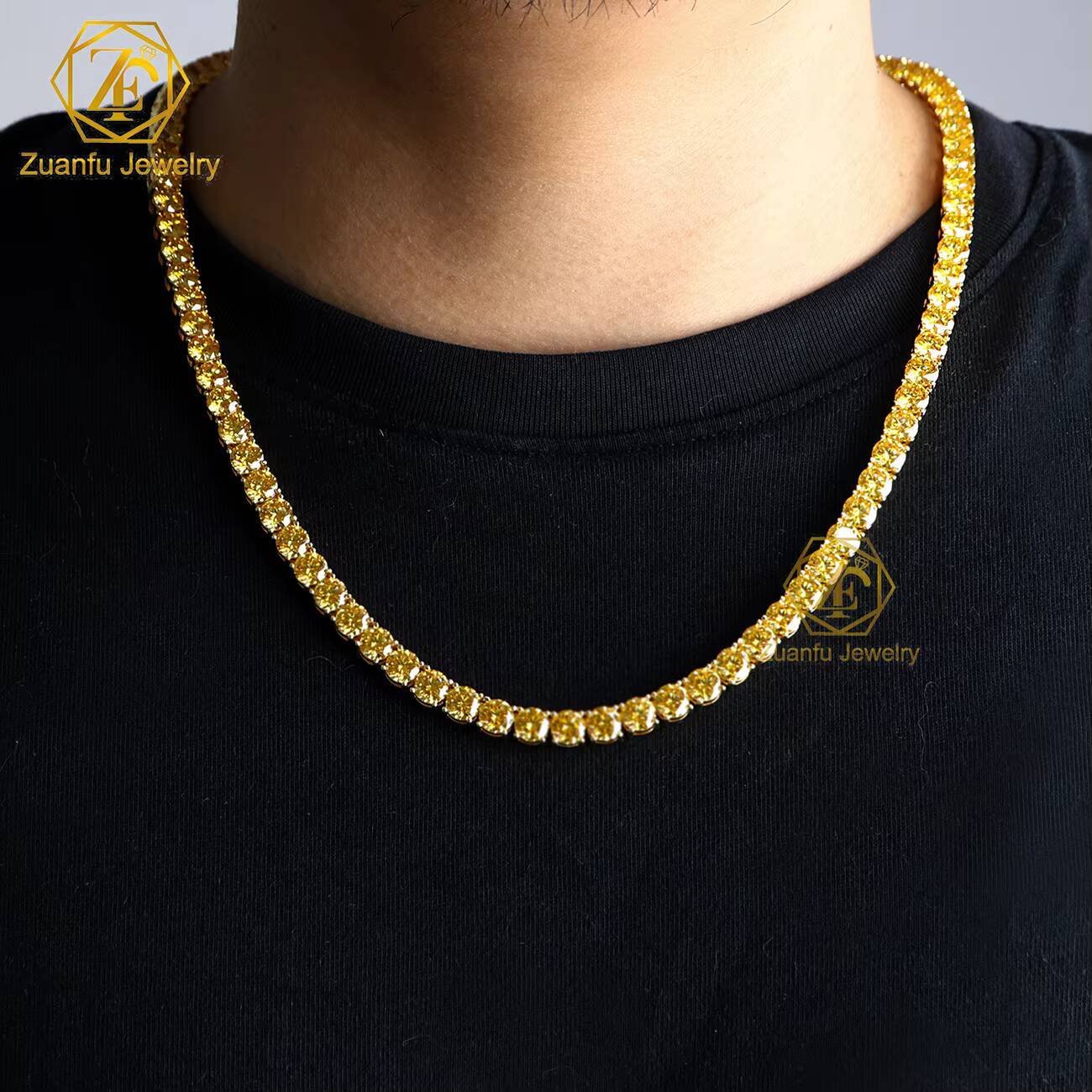 Wholesale 925 Sterling Silver Moissanite Tennis Chains 3mm-4mm Necklaces in Champagne Yellow Colors at Cheap Price