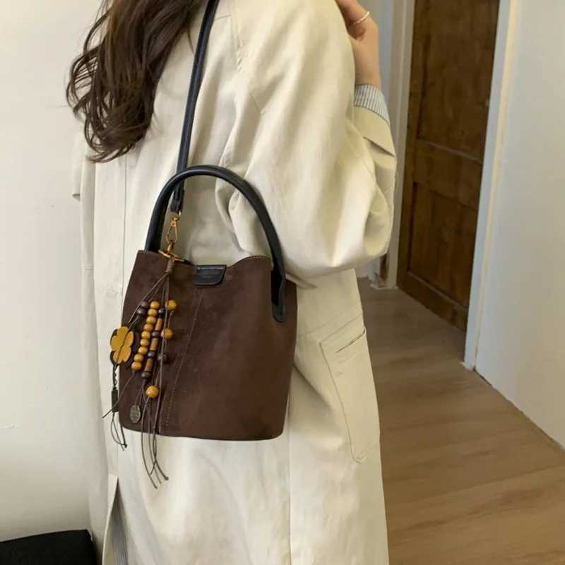 Vintage Matte Suede Bucket Bag Lazy Style Fi Handbag Tote Sub Bag Casual Shoder Crossbody Bag for Wen Y251211