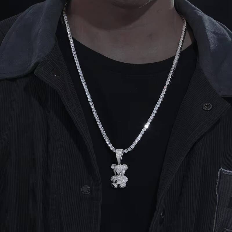 Wholesale Hip Hop Jewelry 925 Sterling Silver Pass Diamond Tester VVS Moissanite Iced Out Cute Teddy Bear Pendant Necklace
