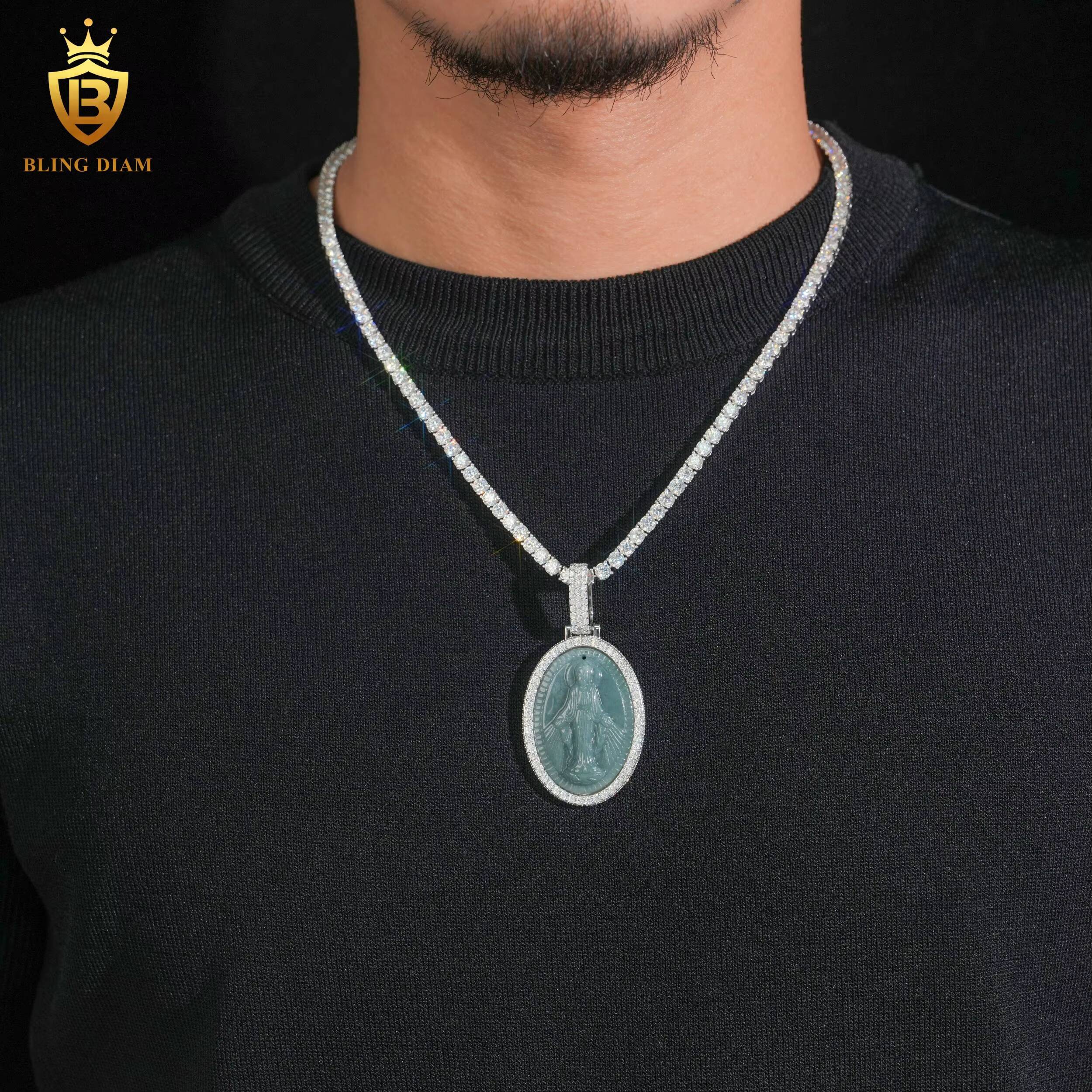 New Arrival Hip Hop Jewelry Iced Out Green Jade Holy Mother Pendants Moissanite 925 Sterling Silver for Men and Chain Set