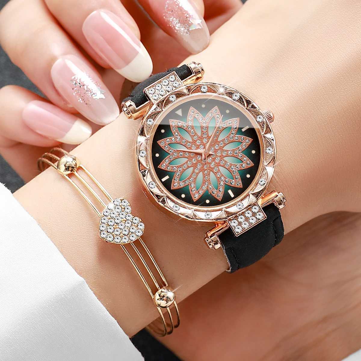 6PCS Fashion Rhinestone Flower Dial Women Wristwatch Ladies Leather Strap Watch Heart Diamond Jewelry SetWithout Box Y251212