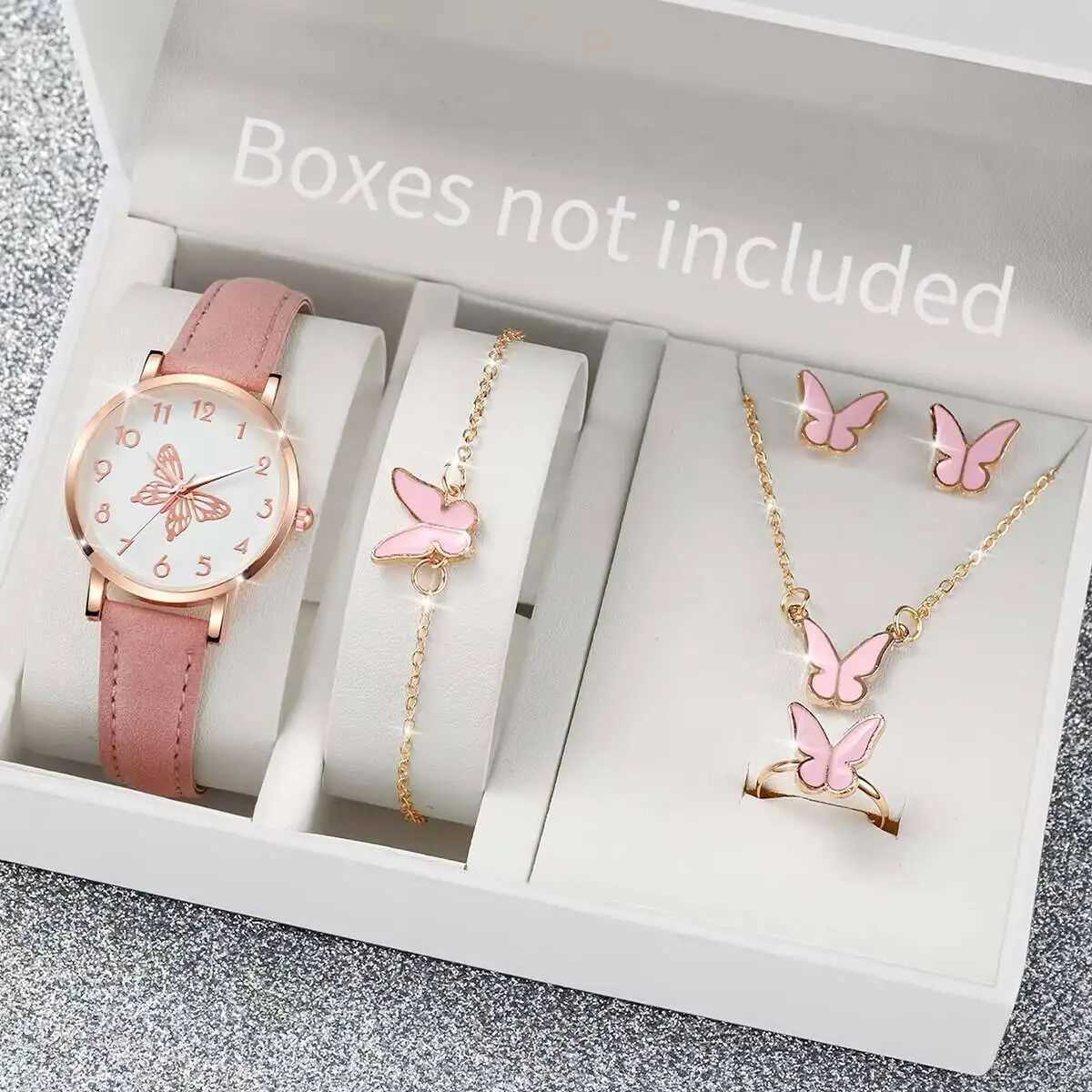 6PCS/Set Fashion Butterfly Dial Women Quartz Watch Simple Leather Strap Wrist Watches Jewelry Set Reloj MujerWithout Box Y251212