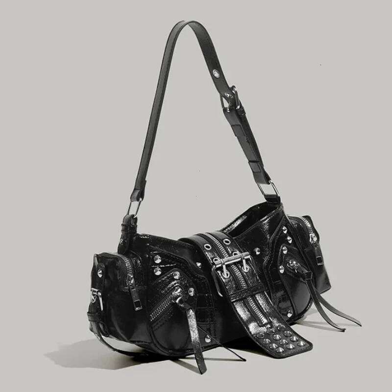 Women's Punk Vintage Shoulder Purse Leather Gothic Rivet Handbag Waist Bag Luxury Black Cross Body Bags With Spikes