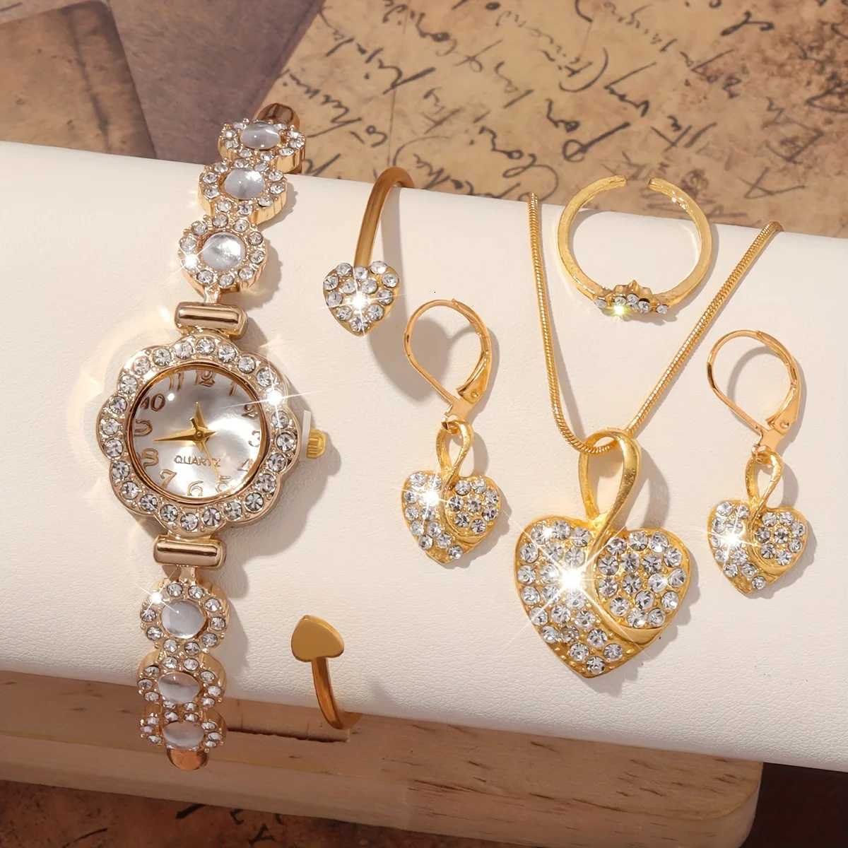 6PCS/Set Elegant Women Diamond Arabic Dial Quartz Wristwatch Ladies Fashion Rhinestone Bracelet Watch Jewelry Set Without Box Y251212
