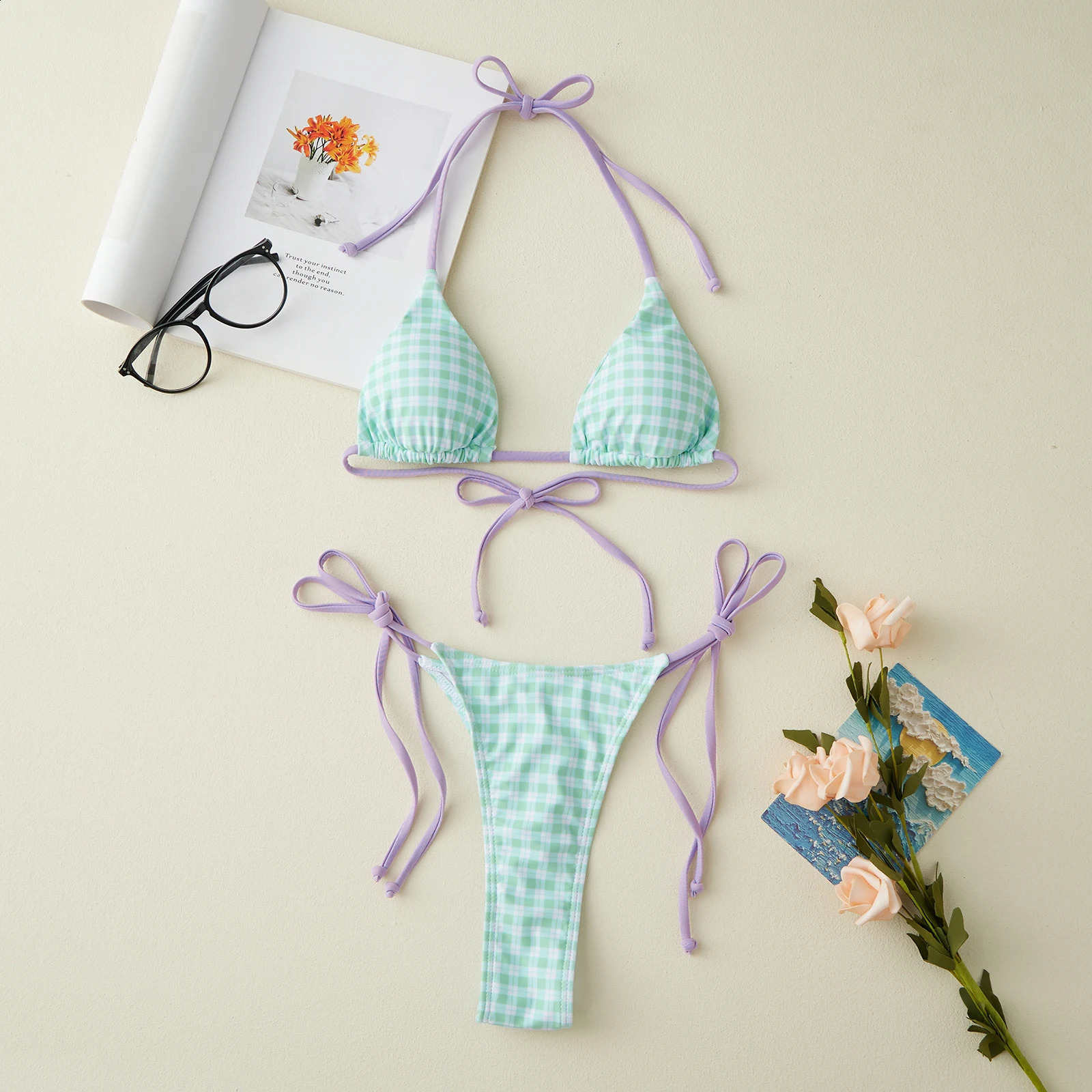 Summer Plaid Print Bikini Set Womens Fashion Halter String Swimsuits Summer High Cut Beachwear Two Piece Bathing Suit 251211