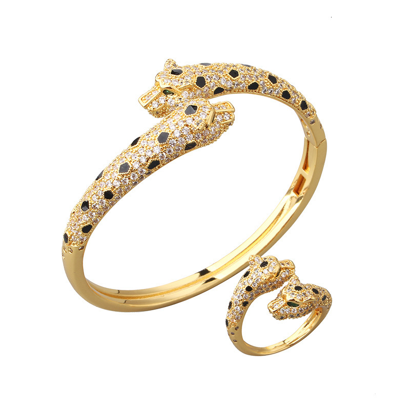 Trendy Internet Celebrity Style Spotted Full Diamond Double Leopard Head Bracelet Ring High-end Light Luxury Fashion Factory Wholesale