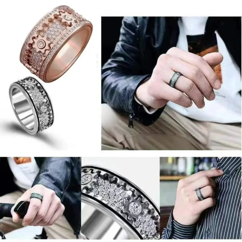 Handmade Ornate Rotating Diamond Geometric Cubic Zirconia 3D Band Ring Gear Spinner Rings 251209