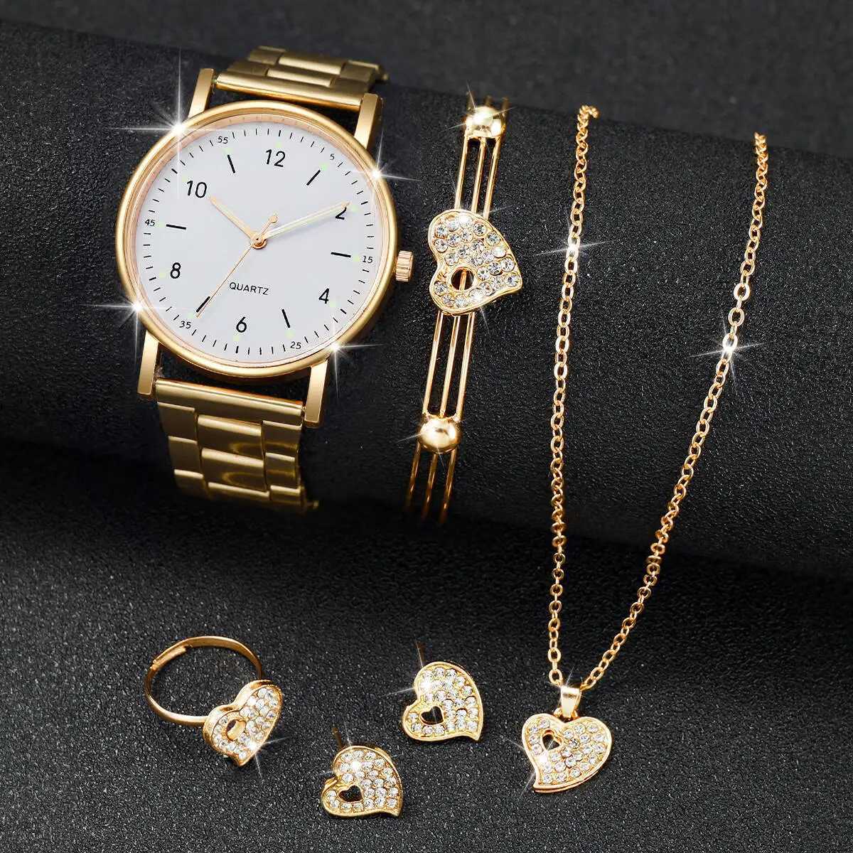 6PCS/Set Fashion Women Watches Arabic Dial Alloy Band Quartz Watch for Women Clock Jewelry Set Reloj MujerWithout Box Y251212