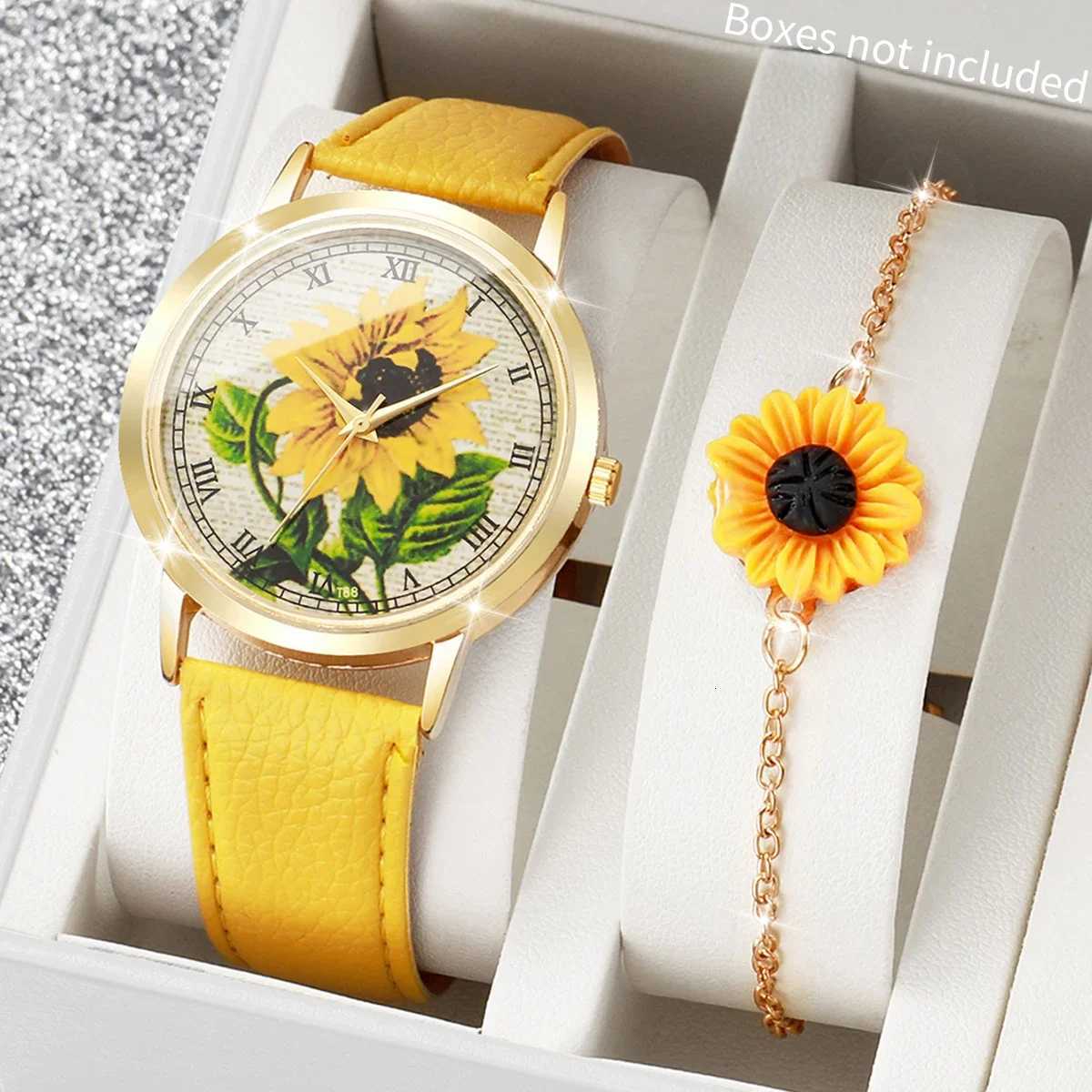2/6PCS Fashion Flower Dial Women Watches Leather Strap Quartz Watch Daisy Jewelry Set Reloj Mujer Without Box Y251212