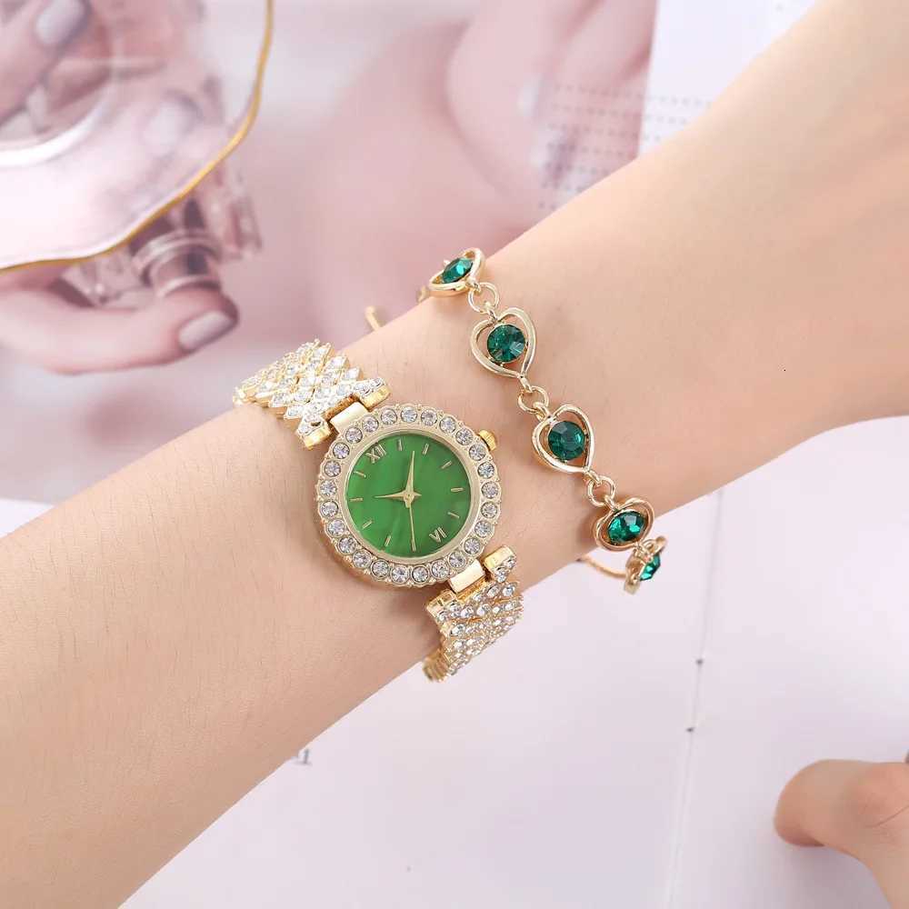 5 PCS Set Green Watch Women Luxury Ring Necklace Earrings Rhinestone Fashion Wristwatch Female Casual Watches Bracelet Set Y251212